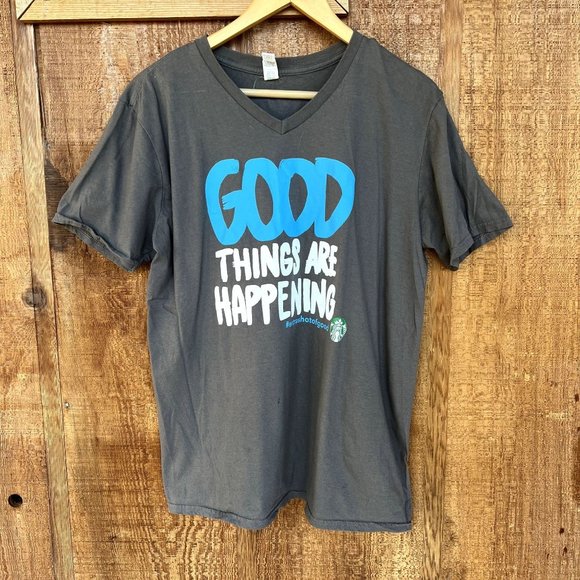 Starbucks Grey Short Sleeve Good Things are Happening Unisex Large Tee V-Neck - Picture 1 of 3